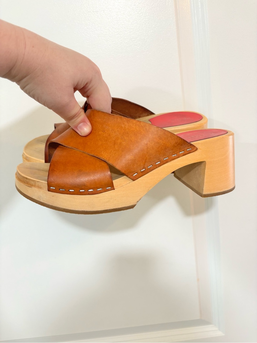 Swedish Hasbeens Anette High Tan Crossband Leather Clogs - Picture 12 of 16